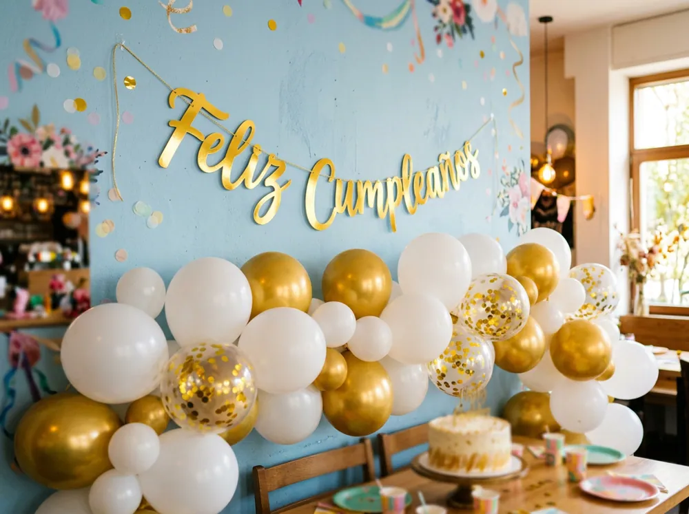 Letrero dorado de feliz cumpleaños colgado sobre una pared con globos blancos