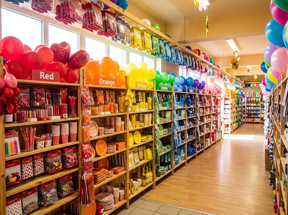 Interior de tiendas de fiestas con estantes de globos, velas, vasos y decoración organizados por color
