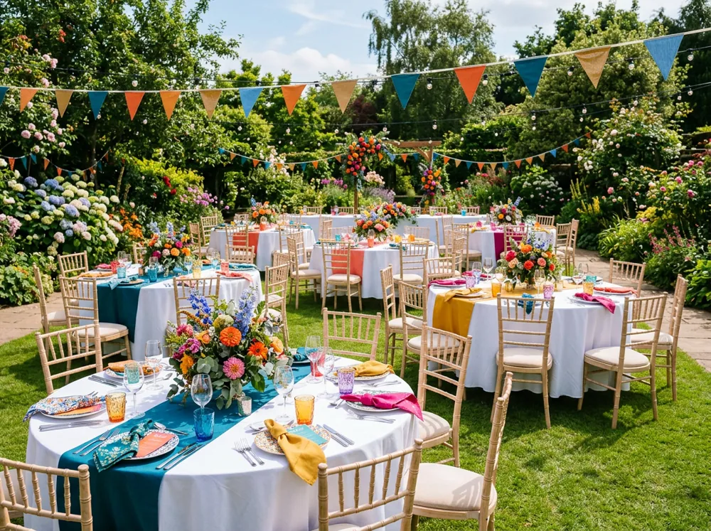 Sillas y mesas redondas con mantel blanco montadas en un jardín para una fiesta
