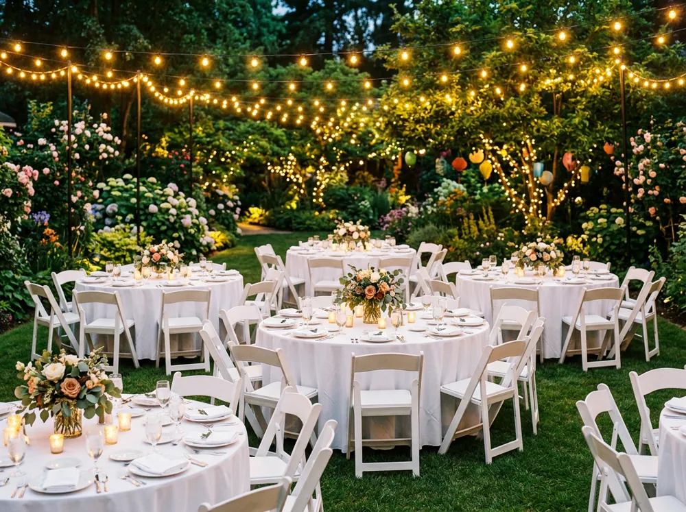 Sillas y mesas redondas con mantel blanco montadas en un jardín para una fiesta
