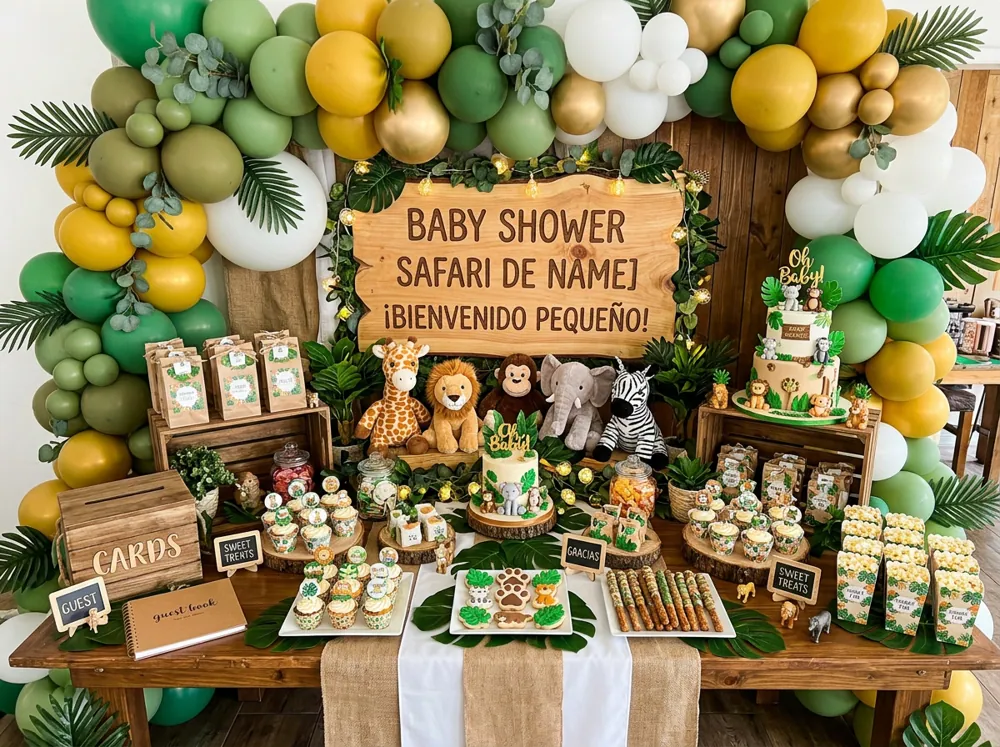 Decoración de baby shower tema safari con globos verdes y mostaza, animales de peluche y letrero de madera