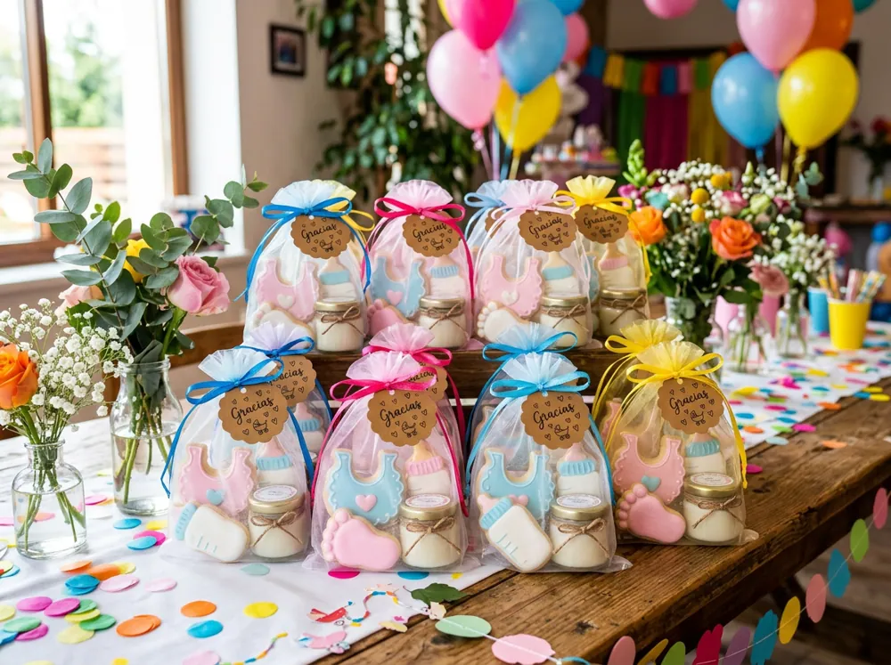 Bolsitas de recuerdo de baby shower con galletas decoradas, velas pequeñas y etiquetas de gracias