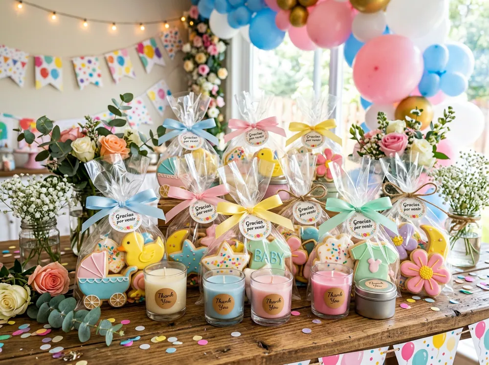 Bolsitas de recuerdo de baby shower con galletas decoradas, velas pequeñas y etiquetas de gracias