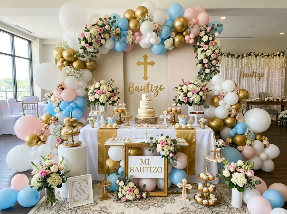 Decoraciones de bautizo en blanco y dorado, celeste y rosa pálido con globos, flores y cruces