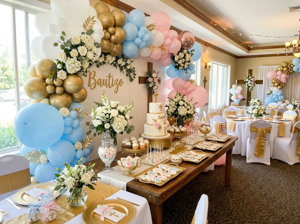 Decoraciones de bautizo en blanco y dorado, celeste y rosa pálido con globos, flores y cruces