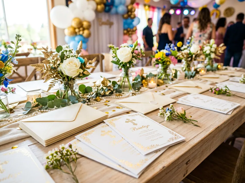 Invitaciones de bautizo blancas con detalle dorado y sobres de papel crema sobre una mesa