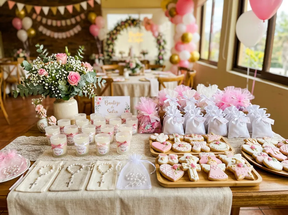Recuerdos de bautizo con velas pequeñas, rosarios, galletas decoradas y bolsitas blancas con listón