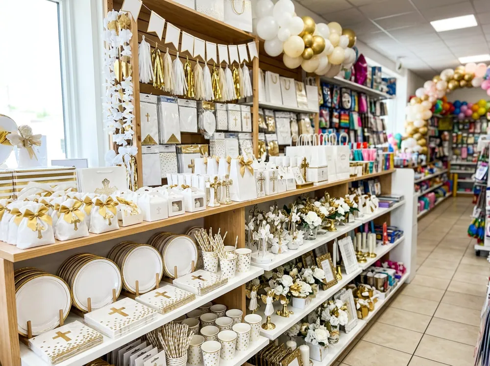 Estantes de una tienda de fiestas con artículos blancos y dorados para bautizos y primeras comuniones