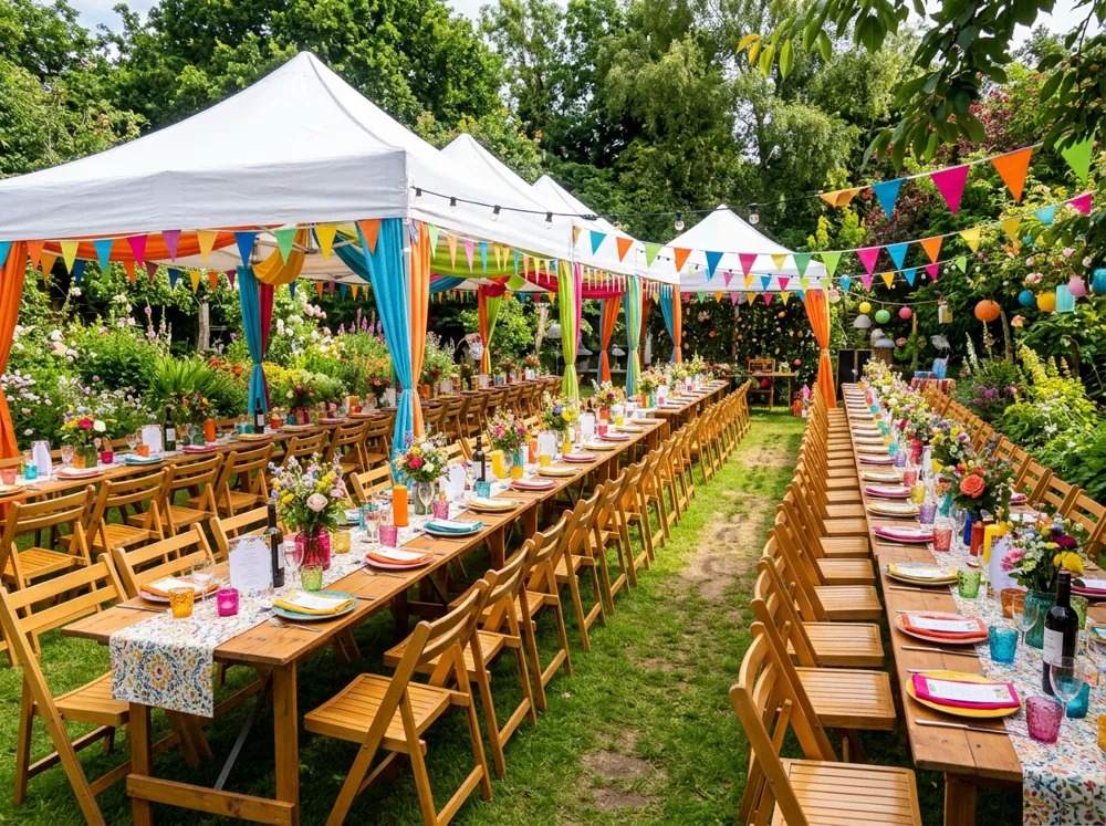 Mesas largas, sillas y carpas blancas montadas para una fiesta al aire libre en un jardín