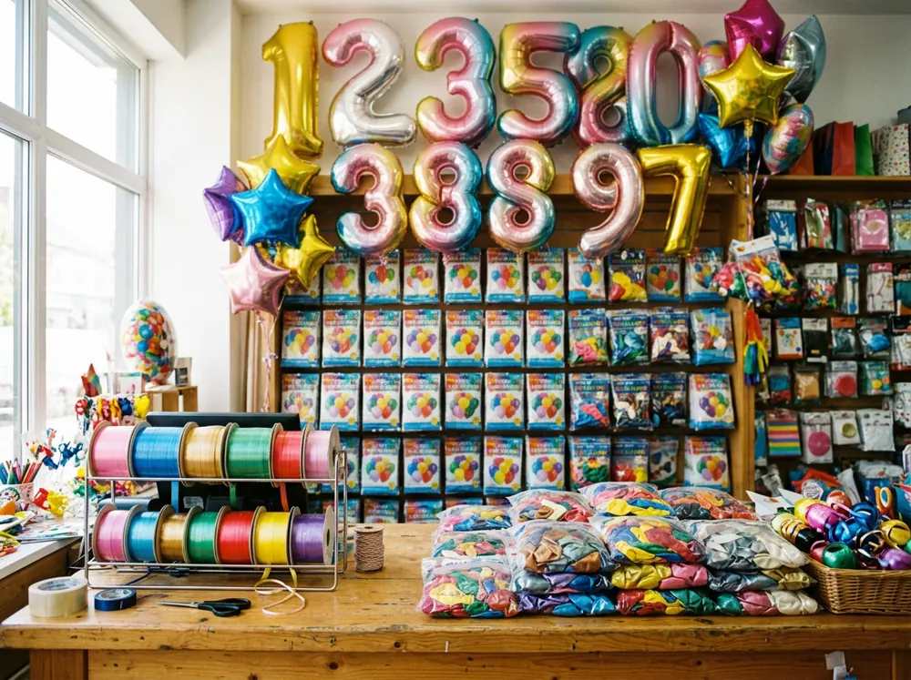 Mostrador de una tienda de globos con rollos de cinta, bolsas de globos de colores y números de foil