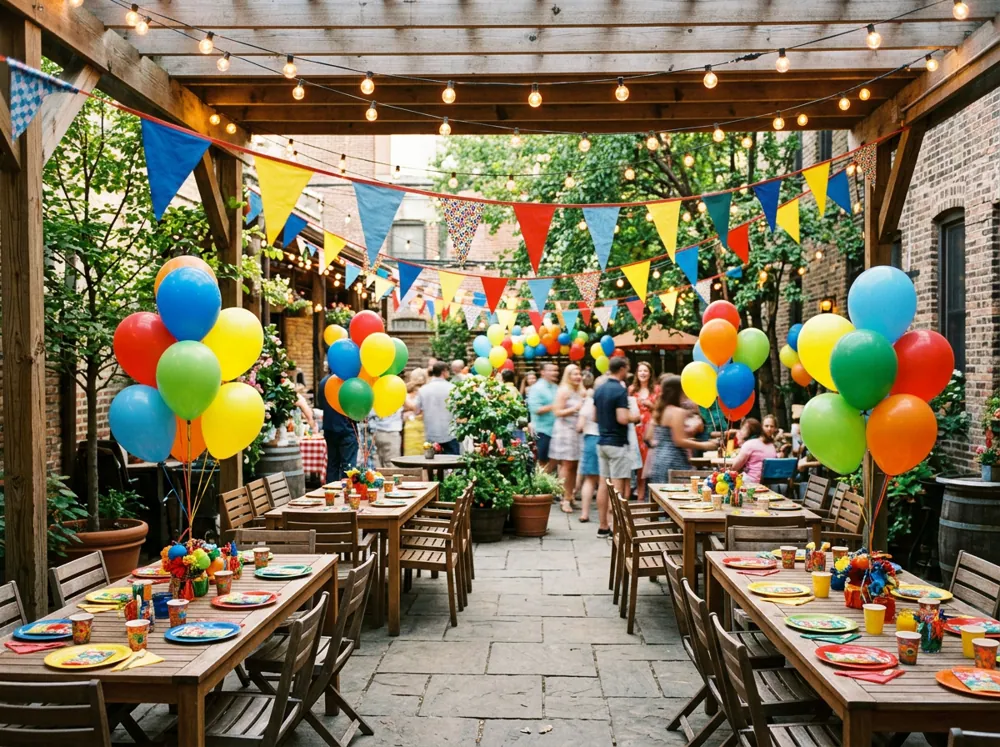 Patio por la noche con luces cálidas colgadas, banderines y mesas con globos para un cumpleaños