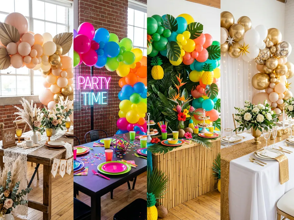 Distintos estilos de decoración de cumpleaños como boho, neón, tropical y dorado con globos y mesas montadas
