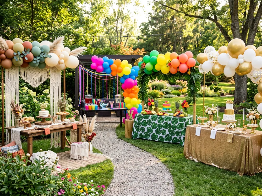 Distintos estilos de decoración de cumpleaños como boho, neón, tropical y dorado con globos y mesas montadas