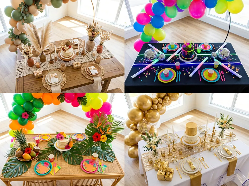 Distintos estilos de decoración de cumpleaños como boho, neón, tropical y dorado con globos y mesas montadas