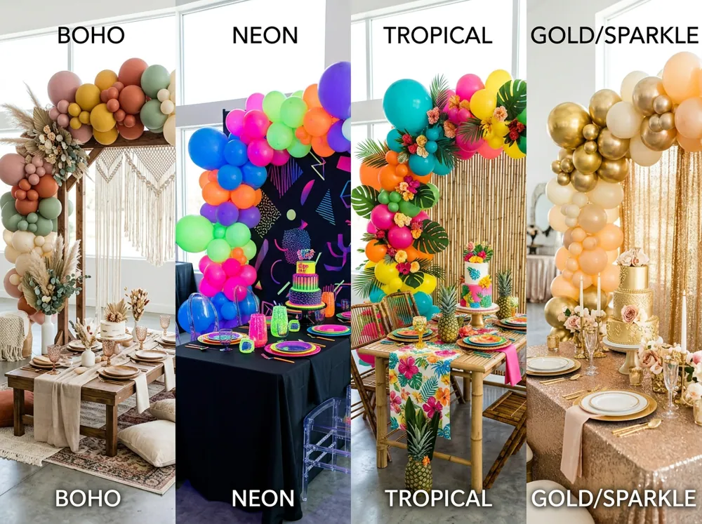 Distintos estilos de decoración de cumpleaños como boho, neón, tropical y dorado con globos y mesas montadas