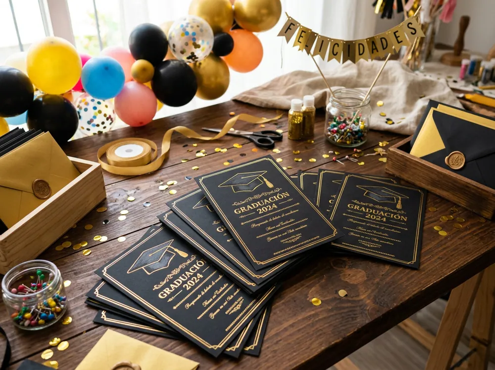 Invitaciones de graduación negras con letras doradas y un birrete dibujado, sobre una mesa de trabajo