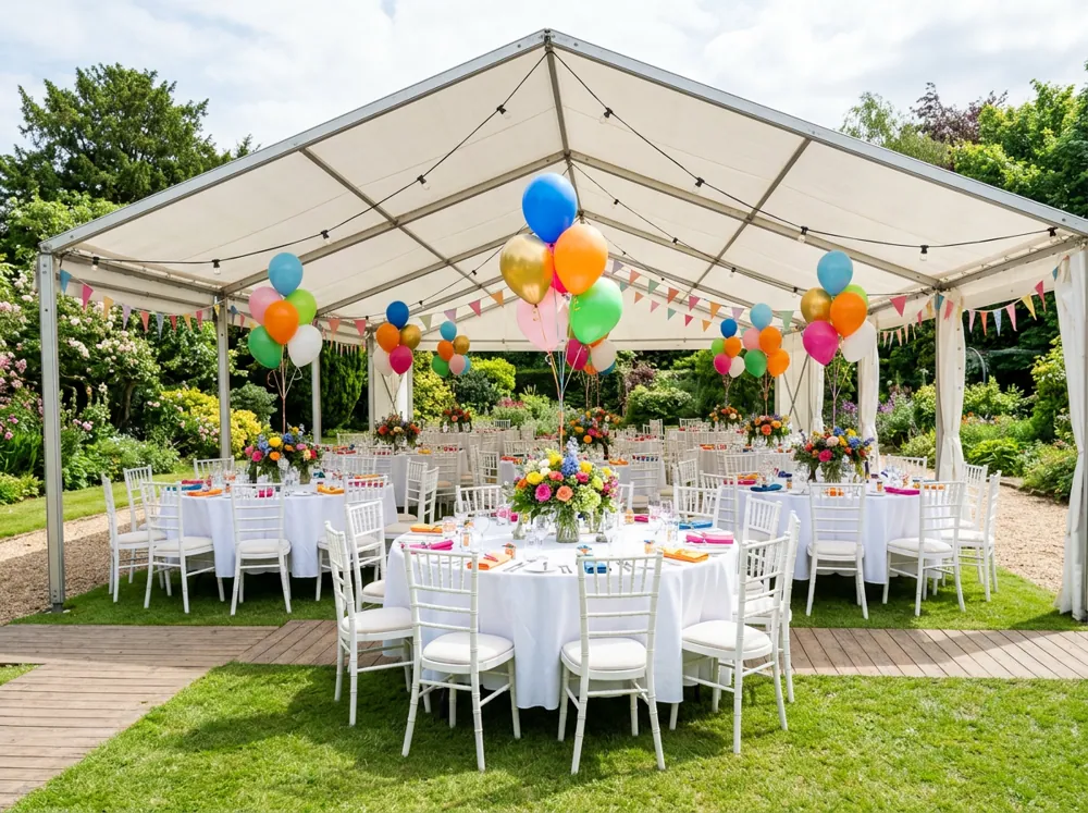 Carpa blanca con mesas redondas y centros de flores y globos en un jardín para una graduación al aire libre