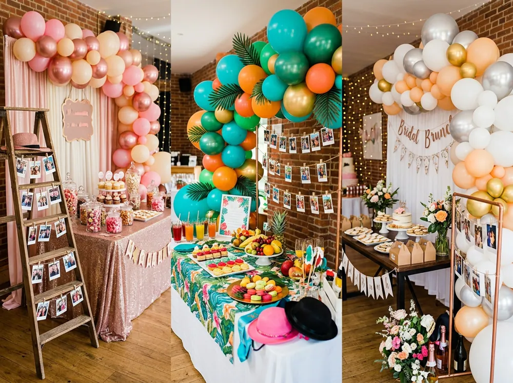 Distintas despedidas de soltera montadas con globos, letreros, mesas de dulces y fotos colgadas