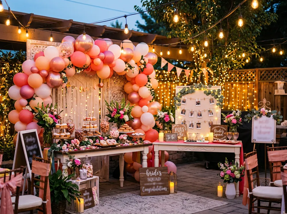 Distintas despedidas de soltera montadas con globos, letreros, mesas de dulces y fotos colgadas
