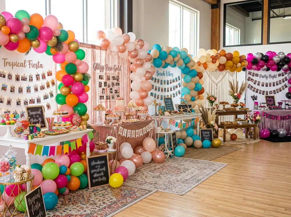 Distintas despedidas de soltera montadas con globos, letreros, mesas de dulces y fotos colgadas