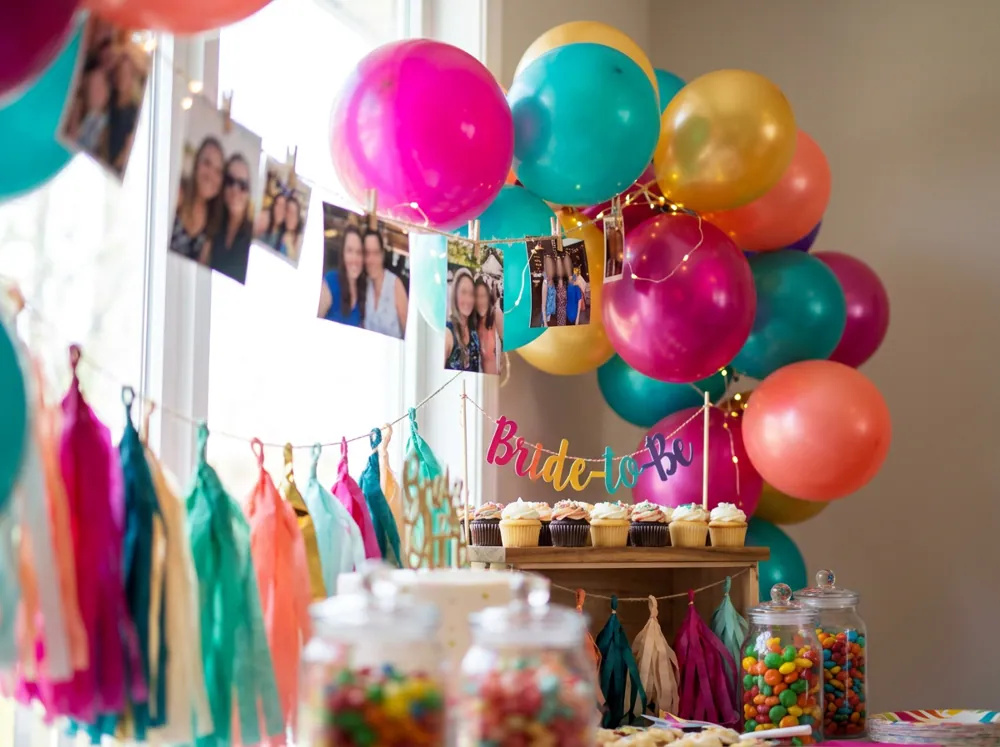 Distintas despedidas de soltera montadas con globos, letreros, mesas de dulces y fotos colgadas