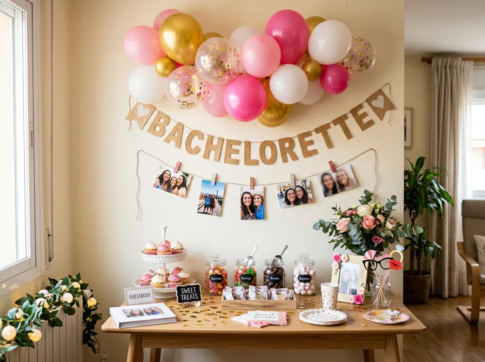 Distintas despedidas de soltera montadas con globos, letreros, mesas de dulces y fotos colgadas