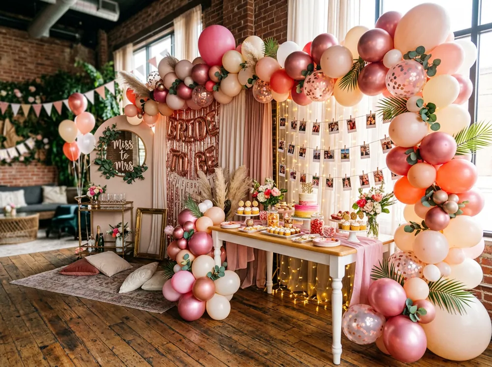 Distintas despedidas de soltera montadas con globos, letreros, mesas de dulces y fotos colgadas