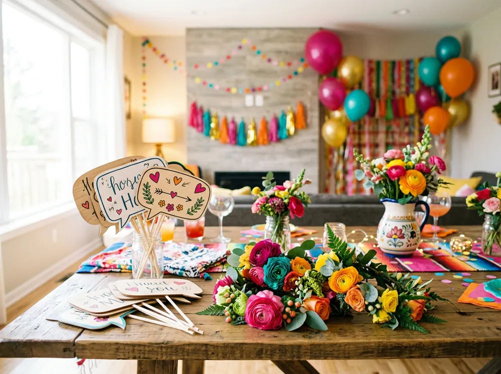 Invitadas riendo con coronas de flores y letreros de fotografía en una despedida de soltera en casa