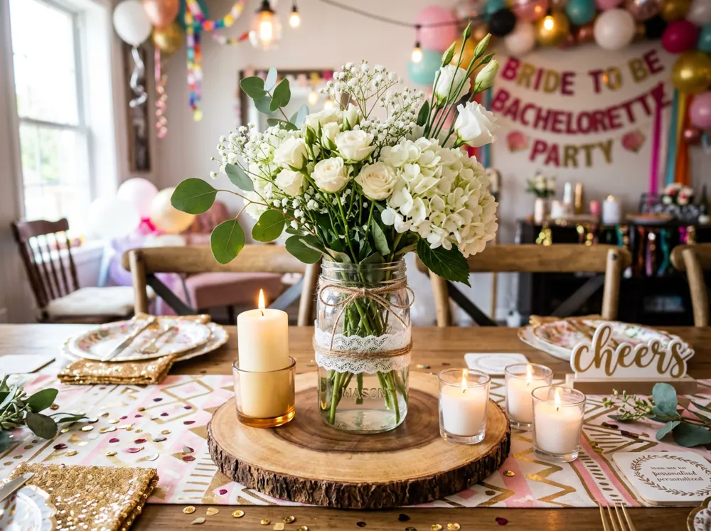 Centro de mesa de frasco con flores blancas y velas para una despedida de soltera