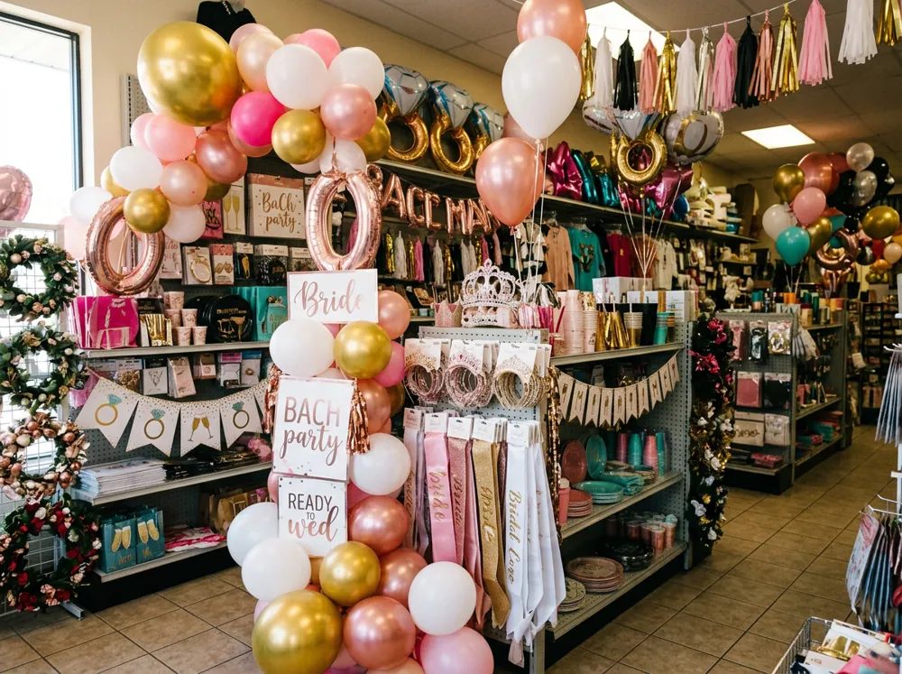 Tiendas de fiestas con letreros de novia, globos y coronas listos para despedidas de soltera