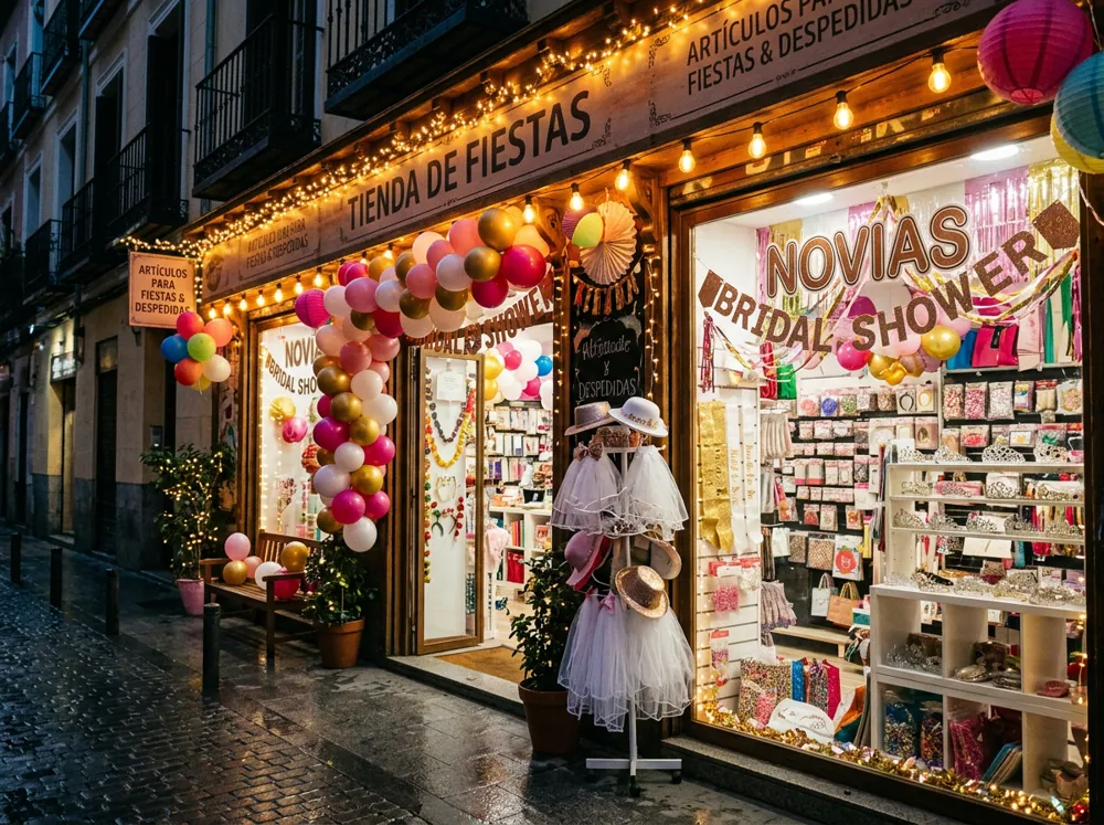 Tiendas de fiestas con letreros de novia, globos y coronas listos para despedidas de soltera