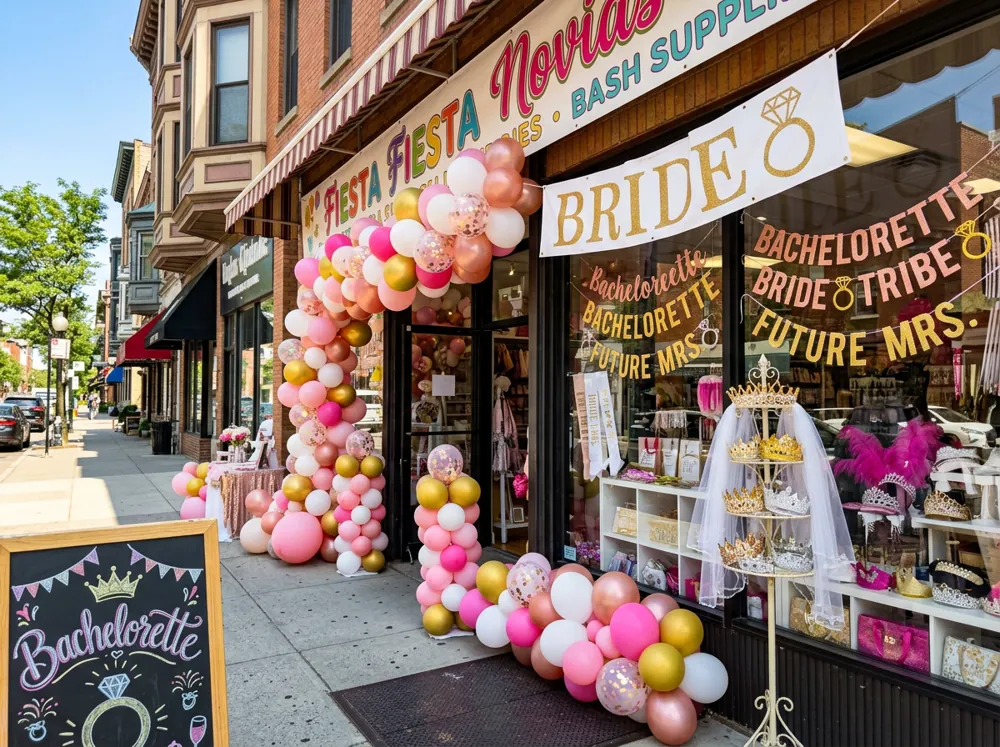 Tiendas de fiestas con letreros de novia, globos y coronas listos para despedidas de soltera