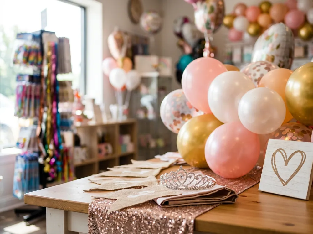 Tiendas de fiestas con letreros de novia, globos y coronas listos para despedidas de soltera