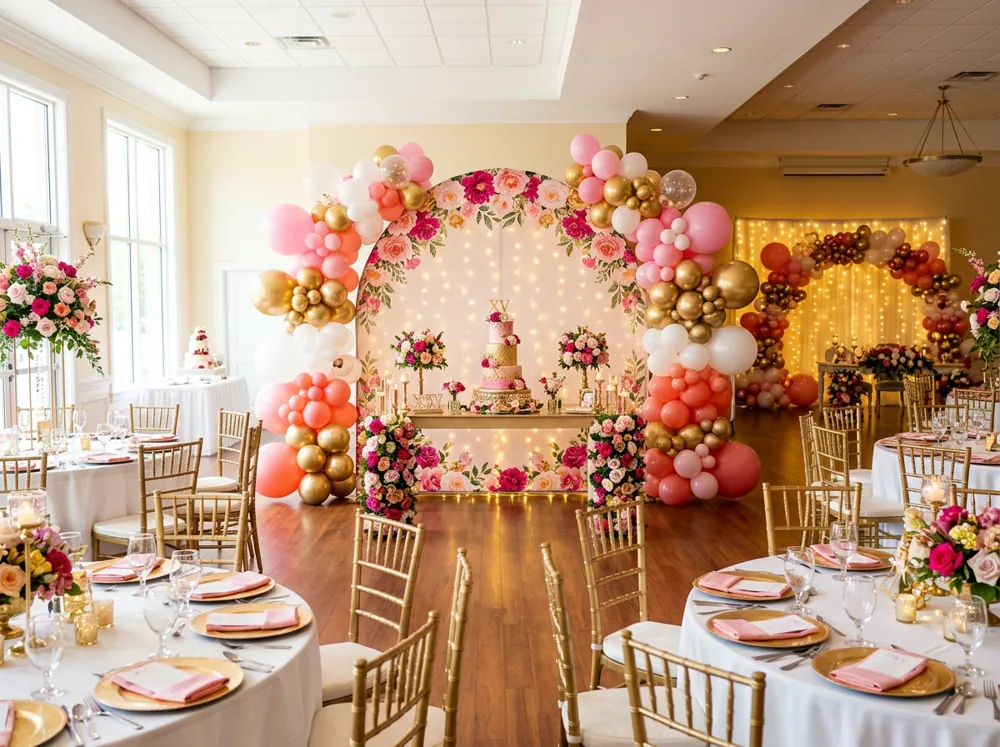 Distintas decoraciones de XV años con globos, flores, mesas elegantes y mamparas con luces