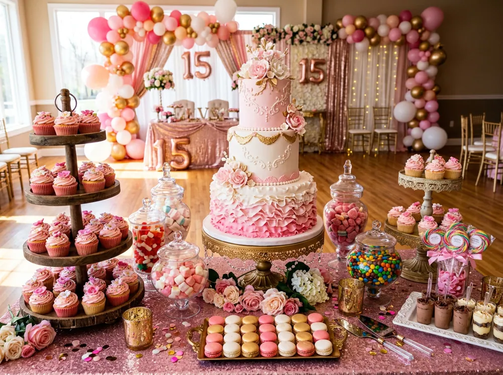 Mesa de dulces para XV años con pastel de tres pisos, cupcakes rosa, macarons y frascos de dulces