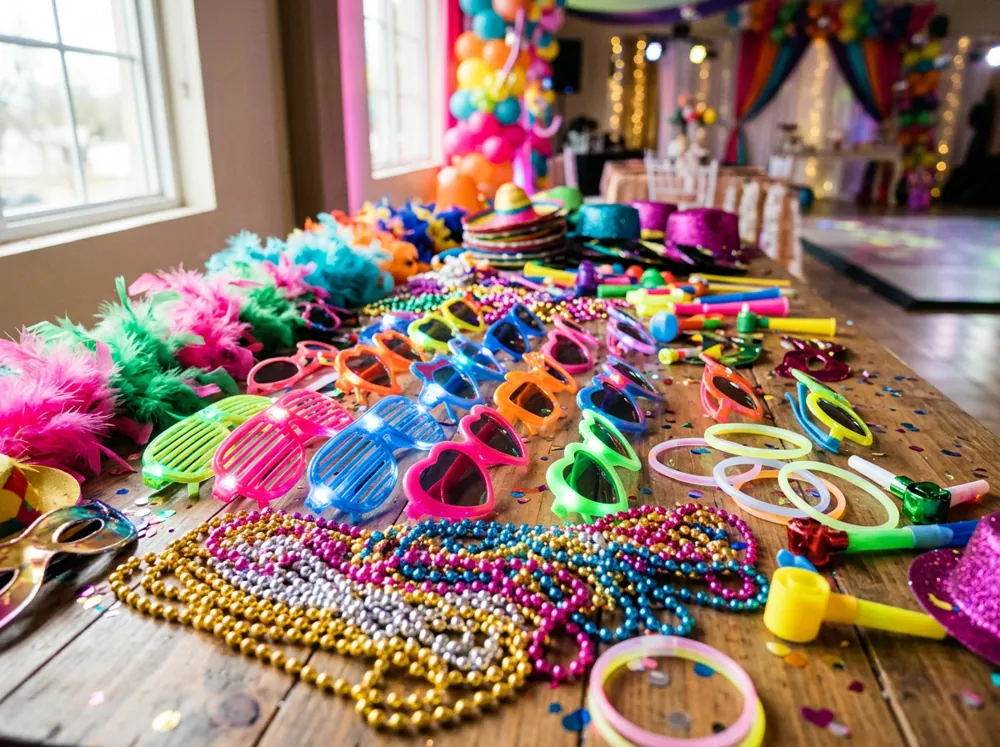 Cotillón de hora loca para XV años con lentes luminosos y collares sobre una mesa