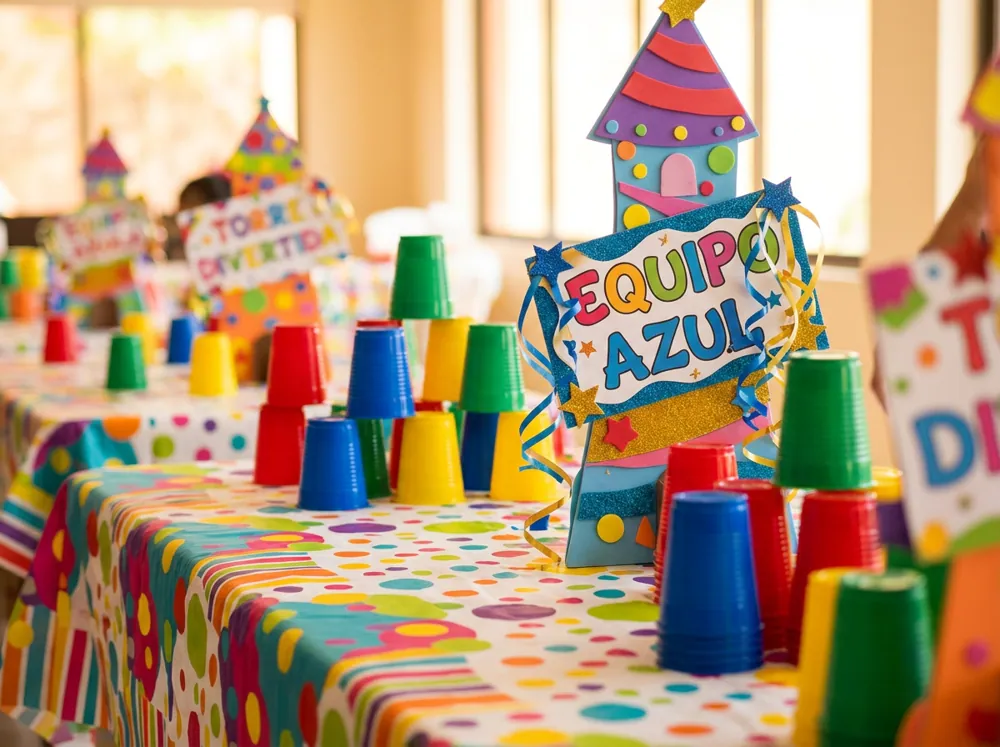 Niños de unos diez años armando torres de vasos de plástico en equipos sobre una mesa decorada