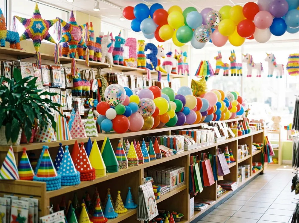 Tienda de artículos para fiestas infantiles con globos de personajes, gorros y piñatas en los estantes