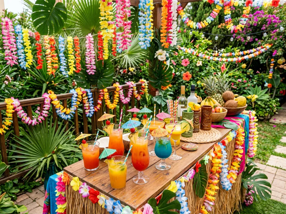 Fiesta hawaiana en un jardín con collares de flores, hojas de palma y bebidas con sombrilla