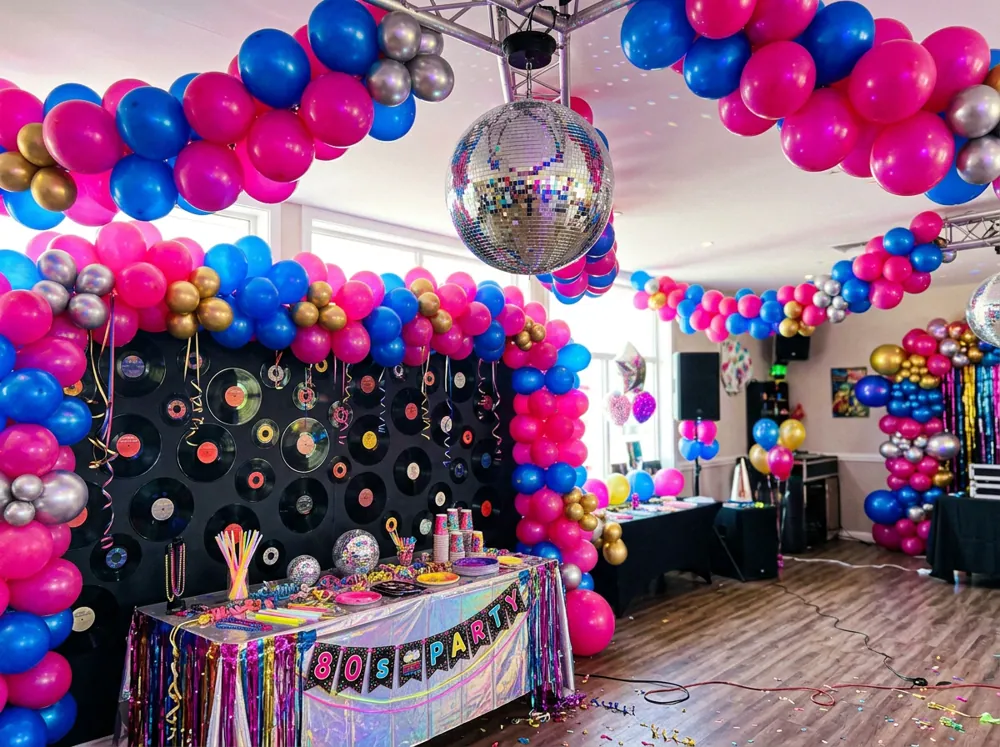 Decoración de fiesta de los 80 con bola de espejos, globos rosa y azul eléctrico y discos en la pared
