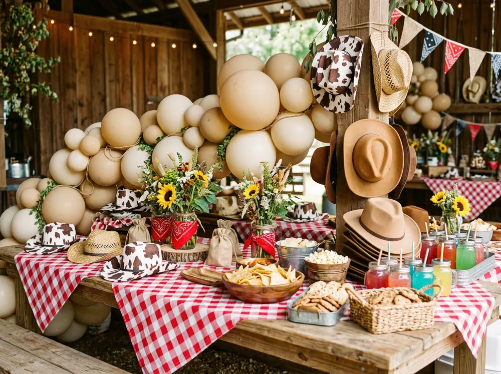Mesa rústica de fiesta vaquera con manteles de cuadros, sombreros y globos color arena