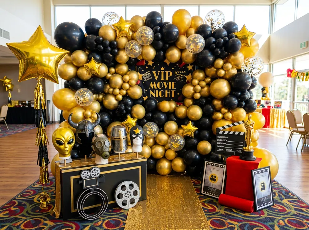 Grupo de adultos con disfraces de película y máscaras posando frente a un fondo de globos negros y dorados