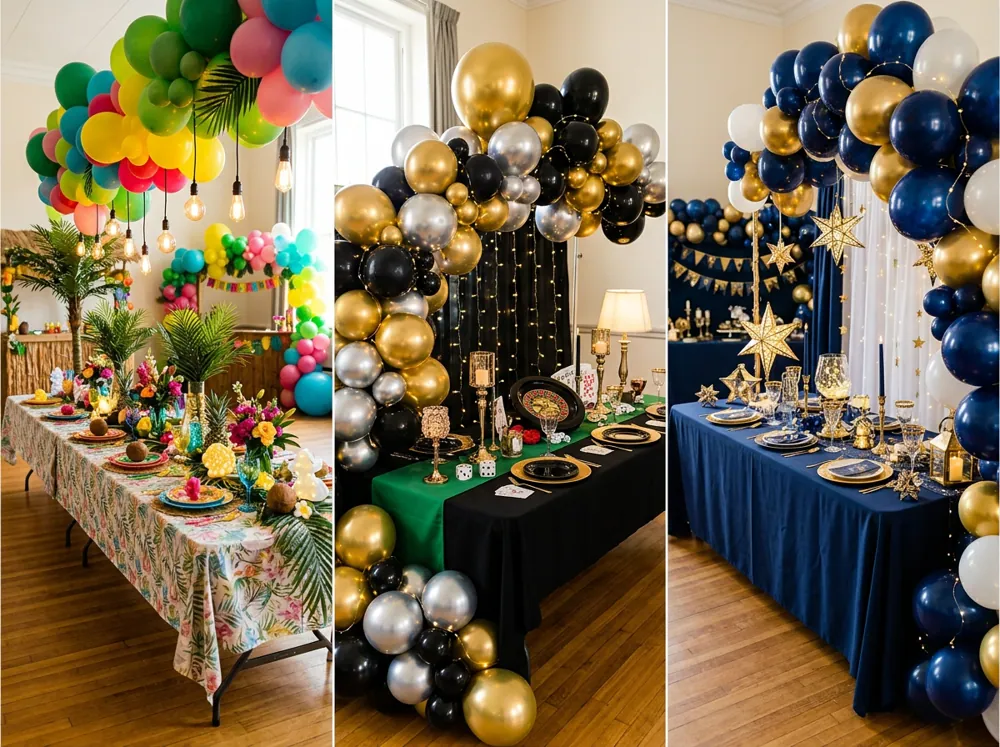 Distintas fiestas temáticas para adultos con globos, luces y mesas decoradas