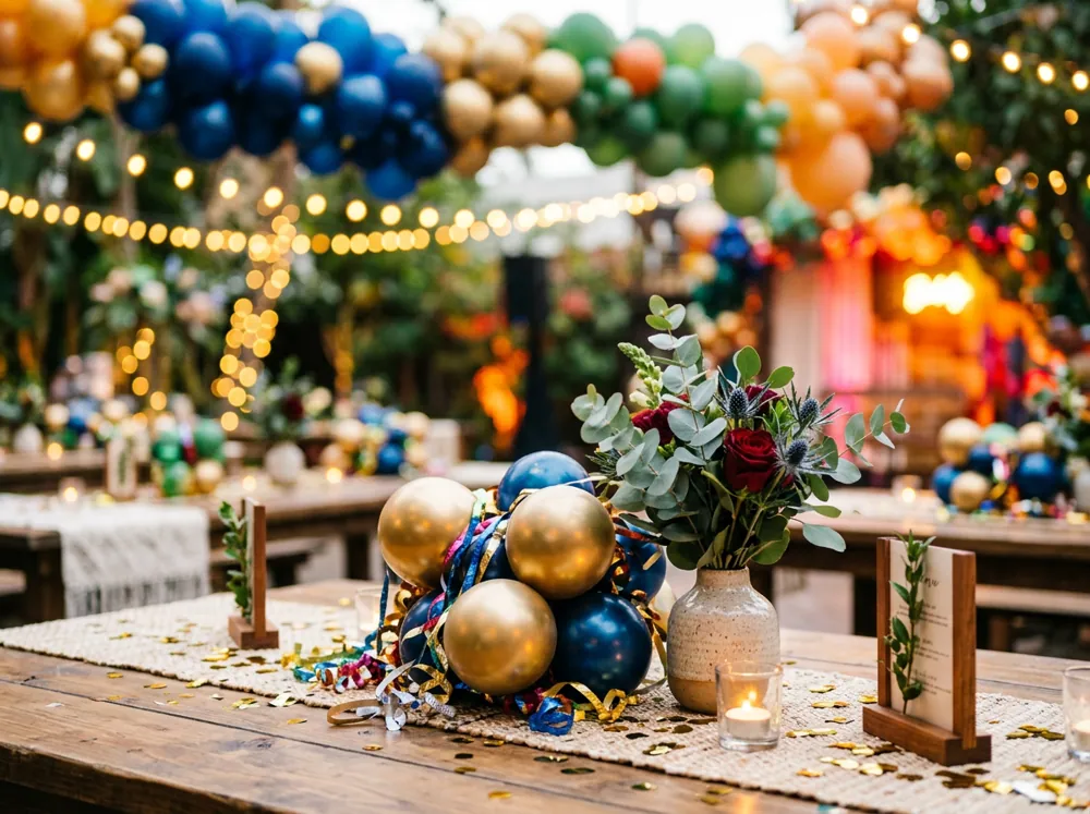 Distintas fiestas temáticas para adultos con globos, luces y mesas decoradas