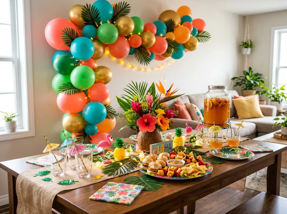 Distintas fiestas temáticas para adultos con globos, luces y mesas decoradas