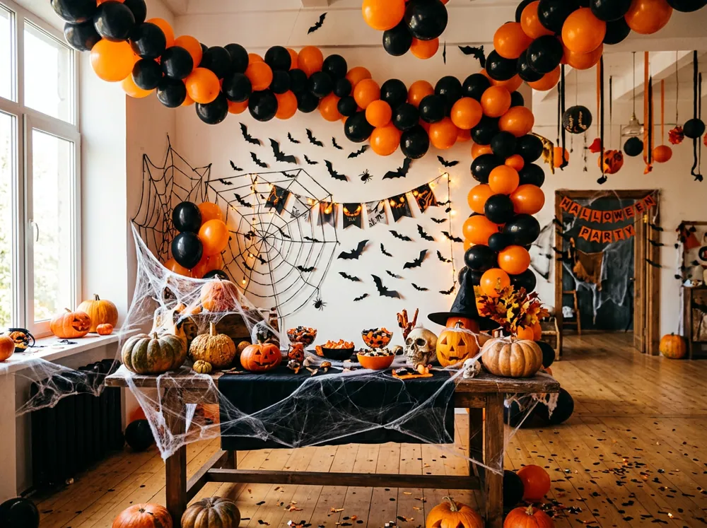 Decoración de fiesta de Halloween con calabazas, murciélagos de papel, telarañas y globos negros y naranjas