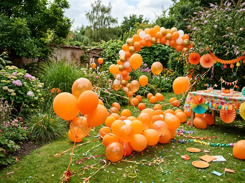 Niños pequeños disfrazados de calabaza y gatito jugando con globos naranjas en una sala