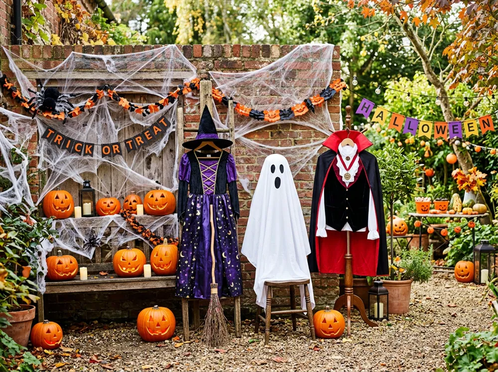 Niños con disfraces de bruja, fantasma y vampiro frente a una pared decorada con telarañas y calabazas