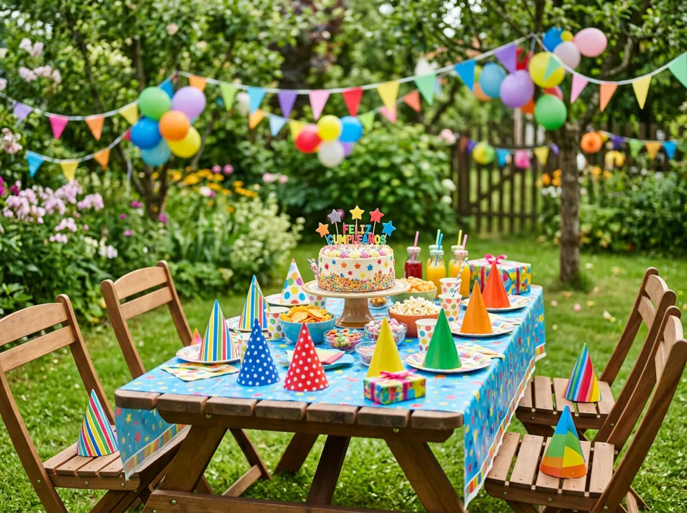 Niños en una fiesta de cumpleaños con gorros de colores alrededor de una mesa con pastel