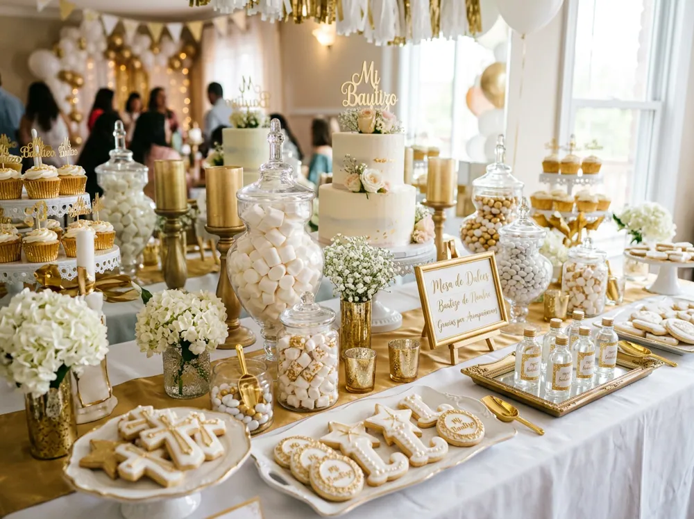 Mesa de dulces para bautizo en blanco y dorado con frascos de bombones, galletas y un letrero pequeño